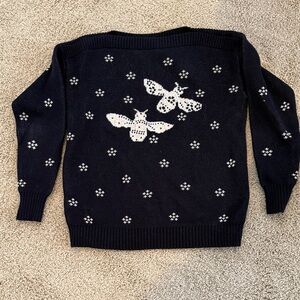 LOFT Navy Crewneck Sweater with White Moth Pattern